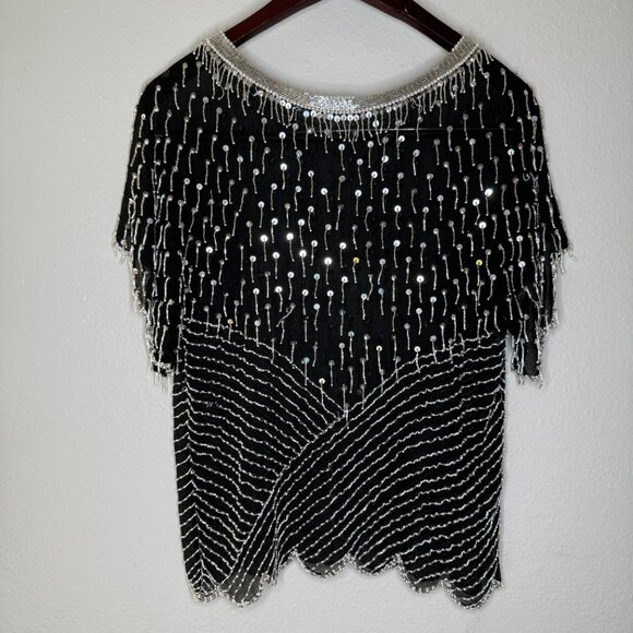 Vintage 90s Sheer Black Silver Beaded Sequin Dressy Top| Size Medium - Picture 2 of 9